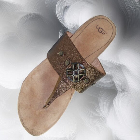 UGG Briella Pony Brown Bronze Wedge Thong Sandal, Size 10 - Picture 5 of 9